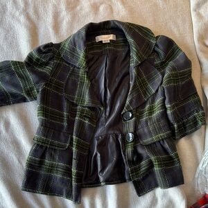 mac & jac Dark Plaid Blazer with Green Accents
